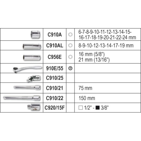 Coffret Medium cliquet et douilles 6 pans 3/8''